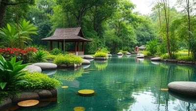 A serene retreat setting featuring lush greenery, calming waters, and peaceful meditation spaces, all surrounded by natural beauty and tranquility. The image conveys a sense of relaxation, introspection, and holistic well-being, perfect for a Money Mindfulness Retreat.