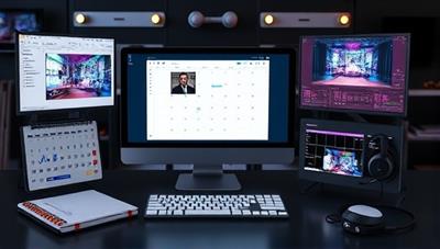 A digital workspace with multiple screens showing different virtual event setups, a calendar with event dates, a notepad with event ideas, and a headset for online coordination, illustrating a dynamic and tech-savvy event planning environment.