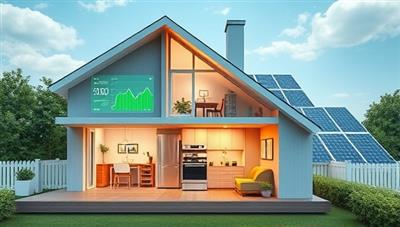 An innovative visualization of a smart home equipped with EcoSmart Energy devices, showing energy consumption data on a digital dashboard, smart appliances adjusting settings for optimal efficiency, and solar panels powering the home, illustrating a sustainable and tech-savvy living environment.