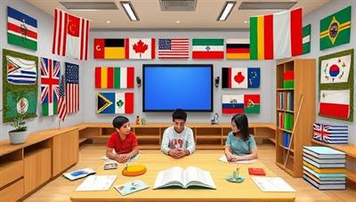 A vibrant virtual language classroom setting with diverse flags, language textbooks, and digital language learning tools, where participants engage in interactive lessons, cultural discussions, and language exchange activities, fostering a sense of global connection and language proficiency in a virtual learning environment.