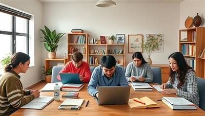 An interactive virtual study room scene with diverse students studying together, sharing notes, discussing academic topics, and collaborating on group projects, creating a dynamic and supportive online study environment that fosters knowledge exchange and peer learning.