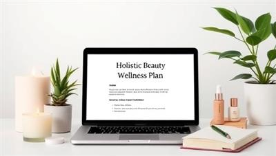 A serene digital workspace with a laptop displaying a holistic beauty wellness plan, surrounded by calming candles, skincare products, green plants, and a journal for self-reflection, symbolizing tranquility and balance in beauty wellness coaching.