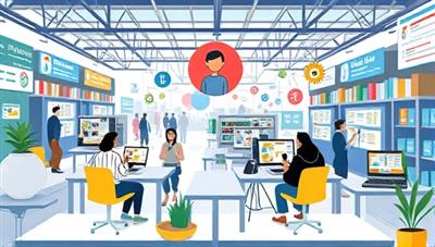 A dynamic visual representation of a digital marketplace bustling with activity, featuring clients and writers interacting virtually to exchange ideas and collaborate on content creation projects, reflecting efficiency and creativity in a virtual workspace.