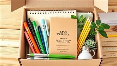 An assortment of eco-friendly school supplies neatly arranged in a recyclable subscription box, featuring biodegradable pens, recycled paper notebooks, and plant-based stationery, conveying a message of sustainability and environmental stewardship.