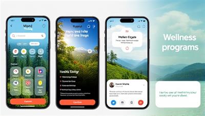 An engaging app interface displaying mood tracking features, wellness programs, and coaching sessions, with serene nature backgrounds and motivational quotes to inspire users on their wellness journey, creating a calming and empowering digital experience.