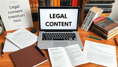 A creative writer's workspace with legal documents, notebooks, and a laptop displaying legal content creation tools, surrounded by inspirational quotes and legal books, reflecting the focus and dedication of LexiPro Content in producing engaging legal content for clients.
