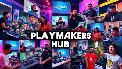 An exciting collage of gaming content creators recording gameplay videos, streaming live on platforms, and interacting with their audience, set against a backdrop of colorful gaming graphics and merchandise, showcasing the vibrant and dynamic community of PlayMakers Hub.