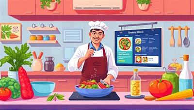 An appetizing digital illustration showcasing a virtual cooking class experience with a chef guiding participants through a vibrant culinary journey, featuring fresh ingredients, cooking utensils, and a digital recipe display, evoking the excitement and creativity of virtual cooking adventures.