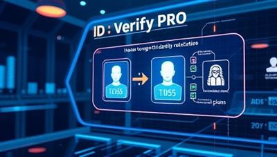 A futuristic digital illustration representing the ID Verify Pro platform in action, showing a seamless and secure identity verification process using biometric scans and document recognition, emphasizing trust and reliability in online transactions.