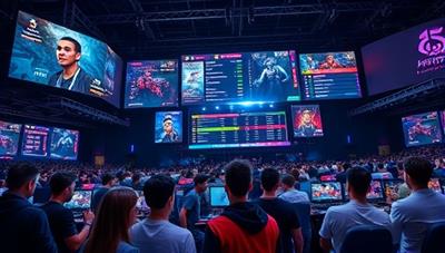A dynamic esports arena setting featuring digital screens displaying esports matches, data analytics charts, and a diverse group of gamers engaged in intense gameplay, symbolizing the competitive and data-driven environment of the Esports Pro Predictor marketplace.