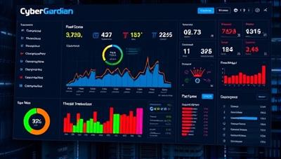 An impactful visualization of a digital dashboard displaying real-time cyber risk scores and threat indicators for a fictional company, highlighting the actionable insights and risk mitigation capabilities of CyberGuardian in cybersecurity insurance assessments.