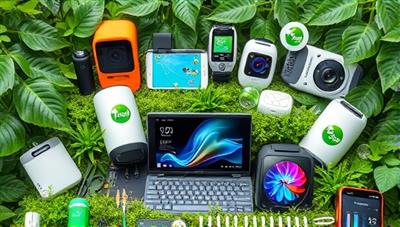 An artistic display of various sustainable tech gadgets surrounded by greenery and eco-friendly elements, symbolizing innovation and environmental consciousness in the tech industry.