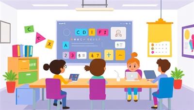 An online coding classroom environment with colorful coding blocks, animated characters, and interactive coding exercises, fostering a fun and educational atmosphere for young coders to learn and explore programming concepts.