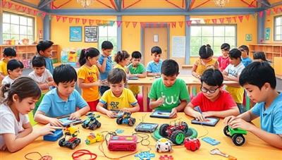 A vibrant and dynamic summer camp scene with kids engaged in coding activities, building robots, and collaborating on tech projects in a colorful and interactive camp setting, showcasing the fun and educational aspects of the CodeBots Camp experience.