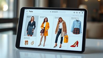 An AI interface displaying fashion recommendations and outfit suggestions on a digital device, with stylish clothing items and accessories showcased, creating a visually appealing and personalized shopping experience for users.