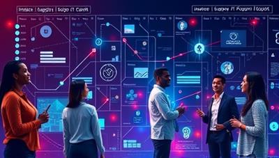 A vibrant digital platform interface showcasing diverse individuals engaging in transactions, symbolizing community-driven insurance solutions with a modern touch.