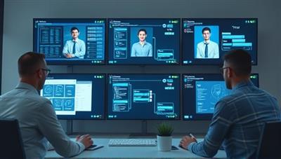 A virtual IT support team assisting clients remotely through screens showing diagnostic tools, software installations, and cybersecurity checks, conveying a sense of reliability, expertise, and digital security.