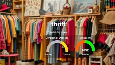 An online thrift store interface showcasing a vibrant collection of vintage clothing, accessories, and home decor items, with a transparent donation tracker and impact meter illustrating the charitable contributions made through purchases, fostering a sense of community and giving back.