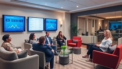 An inviting and modern investment lounge with cozy seating areas, digital screens displaying investment options, and a friendly advisor discussing investment strategies with a diverse group of clients.