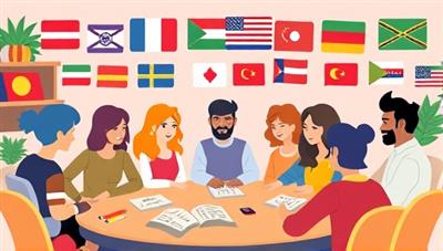 An artistic illustration of a virtual language club meeting with diverse avatars representing different languages, engaging in language games and cultural exchanges, creating a vibrant and inclusive learning atmosphere.