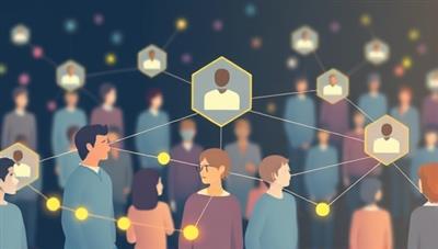 A dynamic digital illustration showing a network of interconnected individuals exchanging insurance coverage, symbolizing community support and personalized protection.
