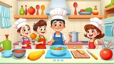 An animated kitchen scene with colorful cooking utensils, ingredients, and happy children wearing chef hats and aprons, engaging in a virtual cooking class with an enthusiastic instructor, fostering creativity and culinary learning in a playful environment.