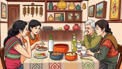 An illustration of a traveler sharing a meal with a local host family, surrounded by cultural artifacts and warm hospitality, capturing the essence of cultural immersion and connection through homestay experiences with Culture Connect Stays.