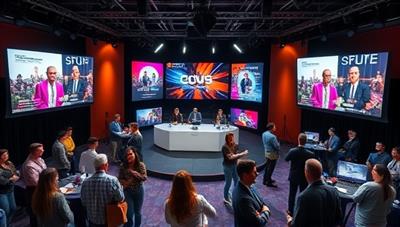 An innovative virtual event setup with multiple screens displaying interactive content, a virtual stage with speakers presenting engaging sessions, and audience members participating in networking activities, showcasing the studio's ability to create immersive and dynamic virtual event experiences.