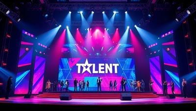 A vibrant digital stage setup with spotlights shining down on a variety of performers showcasing different talents, capturing the excitement and diversity of the virtual talent show platform.