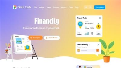 A vibrant digital illustration of the FinFit Club platform homepage, showcasing interactive financial tools, educational resources, and a welcoming community chat feature, promoting financial wellness and empowerment through a modern and user-friendly interface.