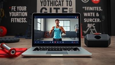 A laptop screen showing a virtual workout session with a trainer guiding a user through exercises, surrounded by fitness equipment and motivational quotes, inspiring a sense of motivation and progress.