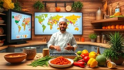 A vibrant virtual kitchen setup with a chef leading an online cooking class, surrounded by colorful spices, fresh ingredients, and a digital screen displaying a map with culinary highlights from different countries, creating a sense of global exploration and gastronomic delight.