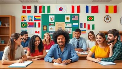 An interactive virtual classroom environment with diverse avatars representing language learners engaging in a lively language exchange session, accompanied by cultural symbols and flags in the background, promoting inclusivity and global connections.