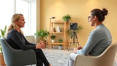 An engaging virtual background of an interview room setting with a professional coach providing guidance to a client, showcasing a positive and supportive coaching environment.