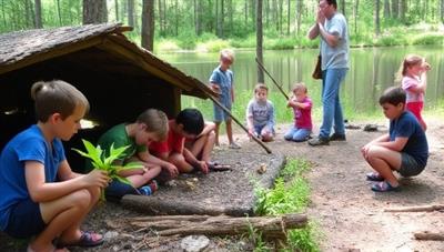 An outdoor camp scene with children engaged in wilderness activities, building shelters, identifying plants, and learning survival skills under the guidance of experienced instructors, highlighting the adventurous and educational aspects of WildRoots Adventures.