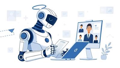 An innovative digital illustration of a futuristic AI-powered robot reviewing resumes and conducting virtual interviews with candidates, showcasing the efficiency and advanced technology of TalentScreenIQ.