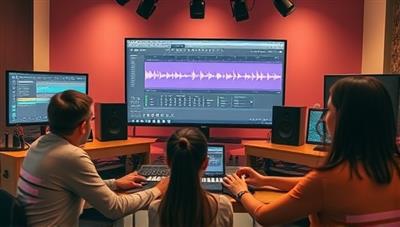 An image of a virtual music production workshop featuring a professional producer guiding participants through a hands-on tutorial on music software with interactive screens displaying sound waves and editing tools, illustrating the innovative and collaborative nature of the workshops.