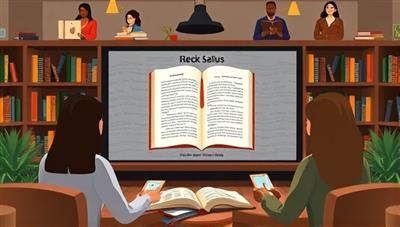 A virtual book club meeting scene with diverse avatars discussing a digital book on a virtual screen, surrounded by bookshelves and cozy reading nooks, creating a welcoming and interactive atmosphere in the online BookVerse Club community.