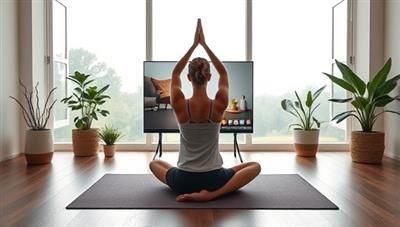 An inviting virtual yoga studio setup with a serene background, featuring a yoga instructor leading a session via video call with participants following along from their homes, promoting relaxation and mindfulness.