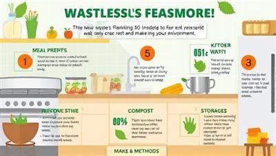 An engaging infographic displaying a kitchen scene with various food waste reduction techniques such as meal prepping, composting, and proper storage methods, inspiring viewers to join the WasteLessFeastMore challenge and make a positive impact on the environment.