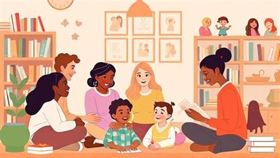 An online parenting support group illustration featuring diverse parents engaging in a virtual discussion about child-rearing challenges and strategies, with parenting books, toys, and family photos in the background, creating a warm and inclusive virtual community for sharing parenting experiences and advice.
