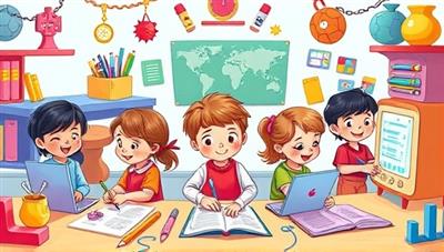 A colorful and whimsical digital artwork featuring children participating in various virtual workshops, surrounded by vibrant educational tools and interactive elements, evoking a sense of fun and learning.