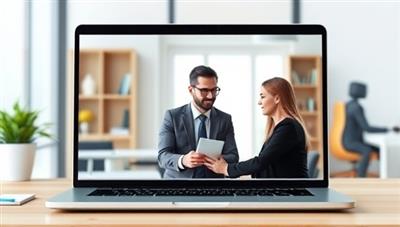 An image of a laptop screen displaying a virtual legal consultation between a lawyer and a client, with a virtual background of a law office, conveying professionalism and accessibility in legal services.