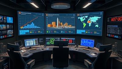 A virtual crisis control center equipped with digital dashboards displaying real-time alerts, emergency response protocols, and scenario simulations, surrounded by virtual crisis maps, communication channels, and resilience training materials, illustrating a proactive approach to warehouse crisis management.