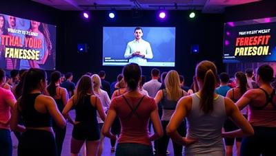 An energetic fitness class in progress with participants wearing fitness trackers and following a virtual trainer displayed on large screens, surrounded by colorful lights and motivational quotes, illustrating the dynamic and tech-driven atmosphere of TechFit Fusion classes.
