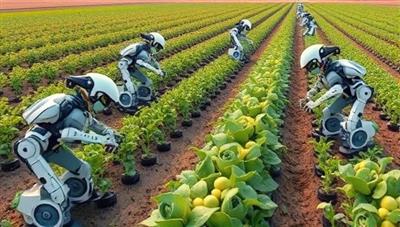 An array of agricultural robots working in unison in a farm setting, with robots planting seeds, harvesting crops, and spraying pesticides, showcasing the efficiency and precision of robotic automation in agriculture.