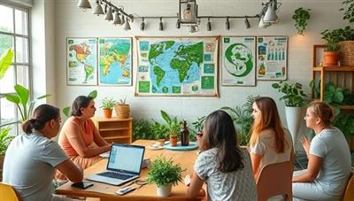 An engaging virtual sustainable living workshop featuring participants learning about eco-friendly practices, upcycling projects, and sustainable solutions, with environmental posters and green decor in the background, promoting a conscious and eco-positive learning environment.