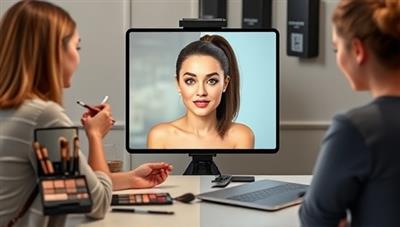 A split-screen image showcasing a professional makeup artist providing virtual makeup guidance to a client, with a makeup kit, brushes, and a laptop on the table, illustrating a modern and convenient beauty service.
