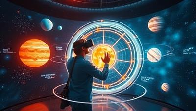 An immersive virtual reality experience showing a user interacting with a holographic model of the solar system, surrounded by digital representations of planets and stars, creating a futuristic and educational atmosphere.