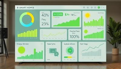 An interactive dashboard displaying real-time energy consumption and sustainability metrics in a smart home setting, with eco-friendly devices and green initiatives highlighted, promoting sustainable living practices.